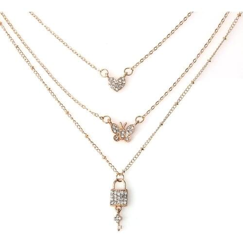 Fashion 3 Layers Couple Necklace 2020 New Trendy Crystal Butterfly Heart Lock Pendant Neck Chain for Women Choker Jewelry Gifts