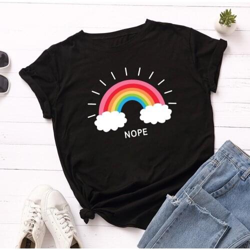 Nope Rainbow Cloud Print T Shirt Women Short Sleeve O Neck Loose Tshirt Summer Women Tee Shirt Tops Camisetas Mujer
