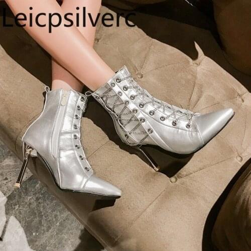 Womens Boots winter New fashion Pointed zipper Metal Decoration Fine heel High heel Short tube Womens shoes plus size 32-48