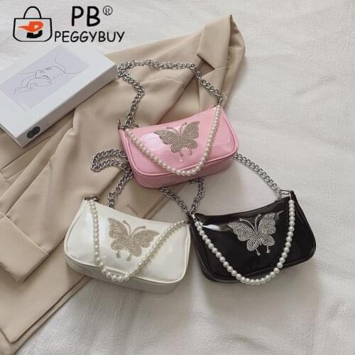Women PU Leather Bags Butterfly Pattern Rhinestone Underarm Retro Pearl Handbags Luxurious Vintage Small Shoulder Bag