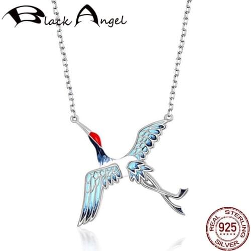 New Handmade Enamel Fairy Crane Necklace for Woman Chinese Wind 925 Sterling Silver Fashion Animal Pendant Jewelry