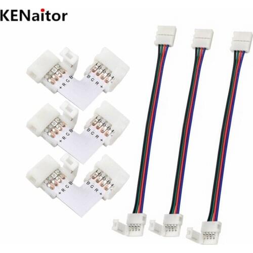 4 Pin L shape 10mm Rgb led strip solderless Connector 3pcs and SolderlessWire 4 Pin 10mm Wide Strip to Strip Jumper 3pcs
