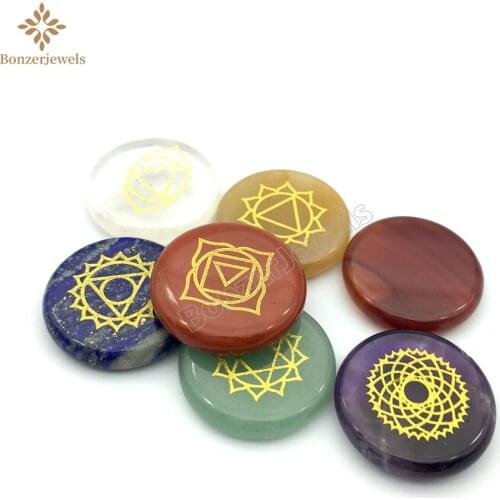 7 PCS Chakras Healing Stones With Lapis Lazuli Engraved Symbols Round Palm Reiki Crystal Polished Stone Divination 25MM