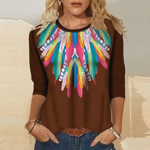 40# Feathers Print O-neck Blouses Shirt Womens Fashion Long Sleeve Retro T Shirt Top Vintage Loose Casual Рубашка Женская