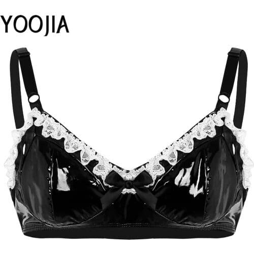 Mens Lingerie Faux Leather Wet Look Bra Top Adjustable Spaghetti Shoulder Strap Lace Bowknot Wire-free Three Rows Bra Underwear