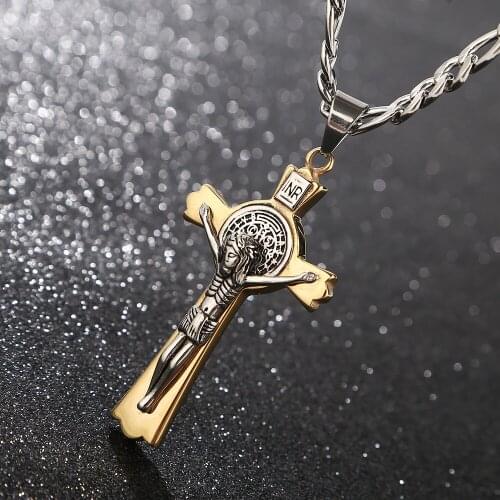 Top Quality Gold Tone Stainless Steel Jesus Benedict Medal Catholic Saint Crucifix Cross Pendant Necklace For DIY Jewelry Making