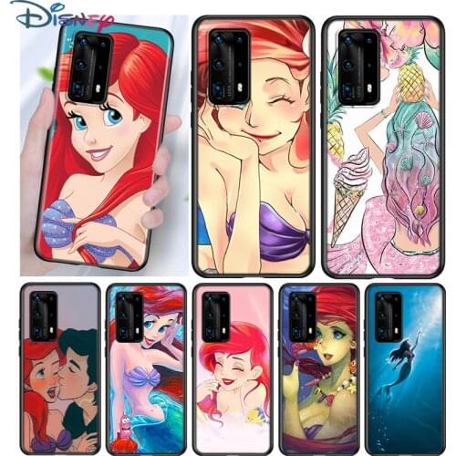 Ariel Mermaid princess Silicone Cover For Huawei P40 P30 P20 Pro P10 P9 P8 Lite E Plus 2019 2017 5G Black Phone Case