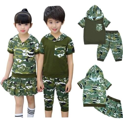 Student Kids School Training Army Suit Children Boys Military Uniform Summer Camouflage Hooded T-shirt+shorts/skirt Tactical Set