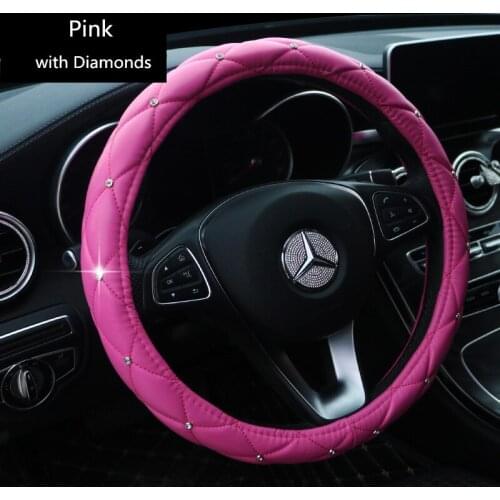 Pink Leather Steering Wheel Cover Girls Cute Fuzzy with Ears 38cm for Nissan Sentra Teana Chevy Kia 2019 Etc Women Accessories
