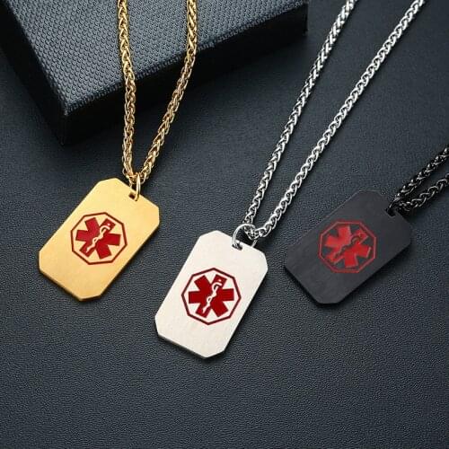 Red Medical Alert ID Dog Tag Necklaces Personalized Free Custom Engraved Heart Pendant Emergency Male Jewelry