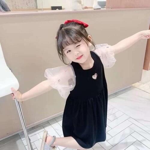 Summer Girls' Dress Net Yarn Stitching Puff Sleeve Splicing Love Sweet Princess Dress Korean Style Baby Kids ChildrenS Clothing