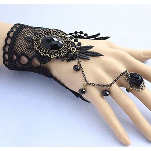 1PC Fashion Style Female Handmade Black Rose Lace Flower Drop Bracelet Slave Set Lolita Gothic Ball Retro Bridal
