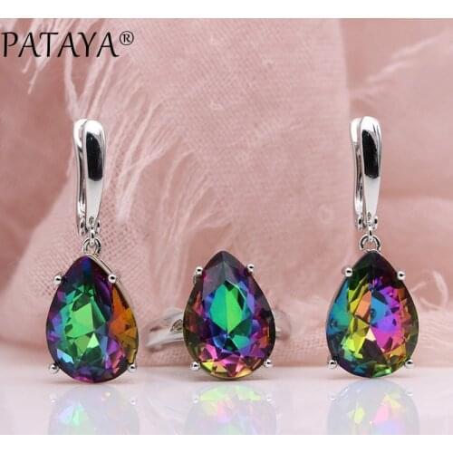 PATAYA New True White Gold Jewelry Set Women Fashion Wedding Noble Jewelry Water Drop AB Color Natural Zircon Earrings Rings Set