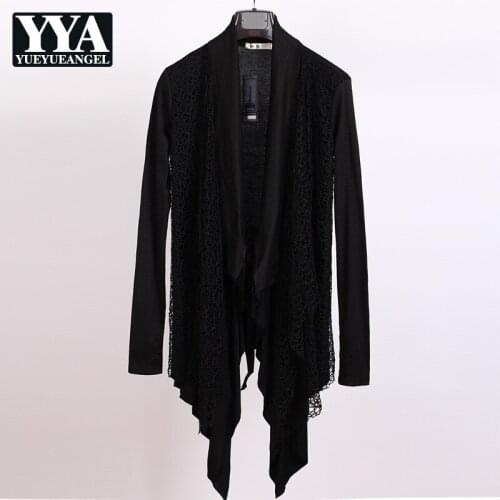Autumn High Street Mens Mid Long Cardigan Jacket Knitted Long Sleeve Outerwear Black Belted Irregular Slim Fit Cloak Coat Mantle