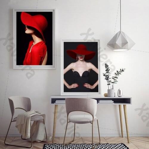 Modern Figure Red Top Hat Beauty Canvas Painting Poster Print For Living Room Home Decoration Black Red Skirt Picture Wall Art
