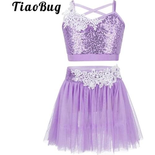 TiaoBug Girls Sequins Crop Tops Gymnastics Leotard Tulle Tutu Ballet Skirt Set Kids Figure Skating Dress Lyrical Dance Costumes