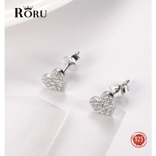 Real 925 Sterling Silver Stud Earrings with Cubic Zirconia Heart Womens Fashion Jewelry Cute Shiny Small Earrings