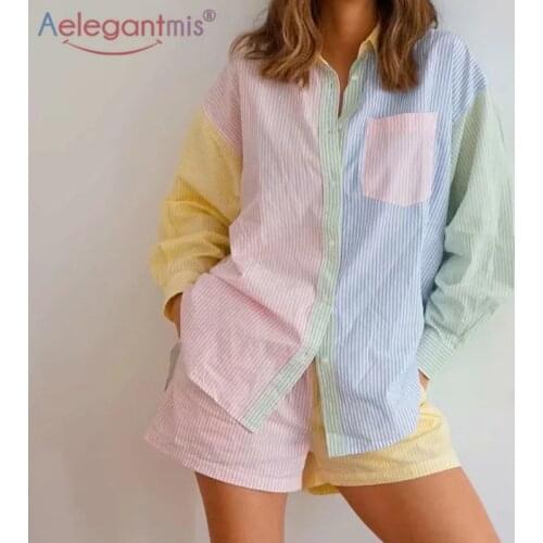Aelegantmis Women Striped 2 Piece Sets Colorful Oversized Shirts Elastic High Waist Wide Leg Shorts Chic High Quality Cozy Sets