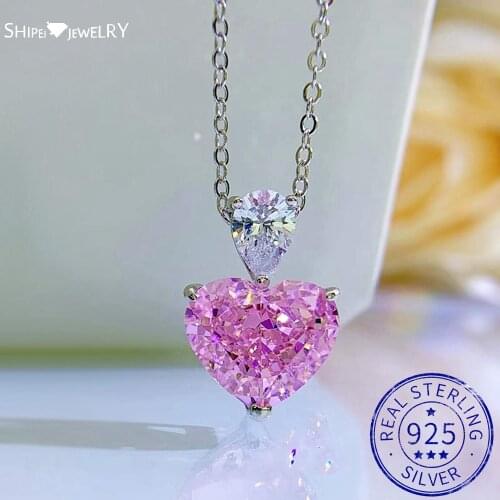 Shipei 100% 925 Sterling Silver Pink Heart Created Moissanite Gemstone Engagement Fine Jewelry Romantic Cute Pendant Necklace