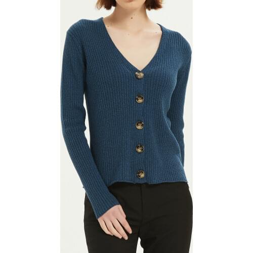 Textured V Neck Cotton Cardigan Women Knitted Ribbed Sweater Big Button Roll Edges Autumn