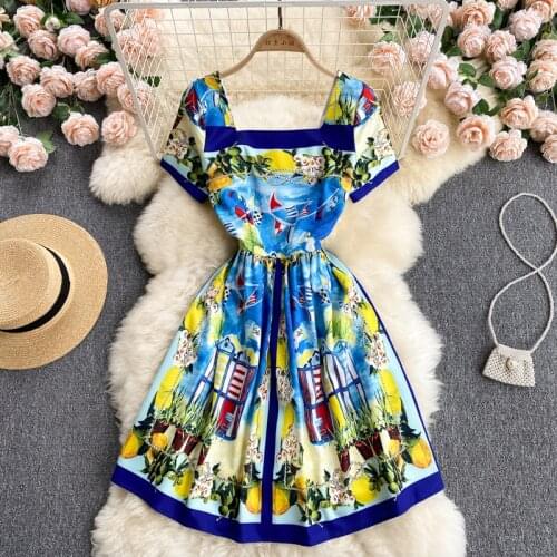 Europe Style New Fashion Summer Women Square Collar Short Sleeve Retro Print Party A Line Dress Ladies Mini Dresses Vestido
