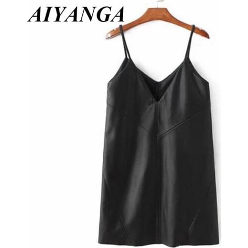 Women PU Leather Dress 2021 Autumn Winter Sexy Sleeveless Faux Leather Clothes Deep V Neck Mini Vestidos Female Spaghetti Strap