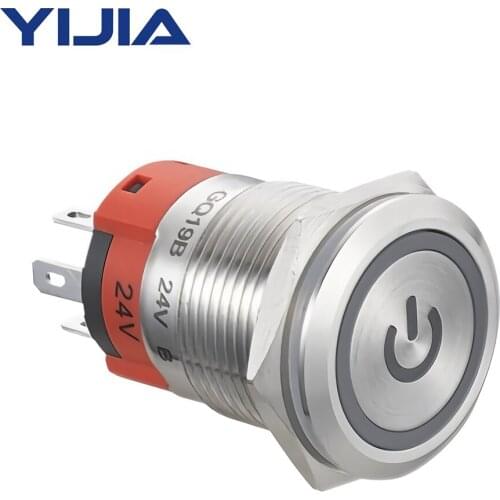 19mm Latching Push Button Switch 3/4" 12V Power Ring Symbol Metal with Socket Plug 1NO1NC SPDT ON/Off GQ19BF-11EZP/S