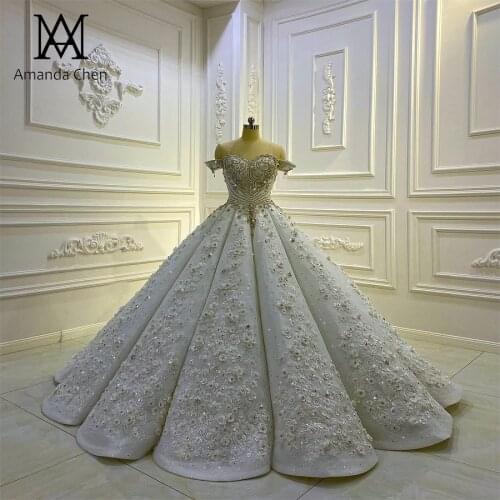 2021 Luxury Off Shoulder Rhinestone Crystal 3D Flower Wedding dress