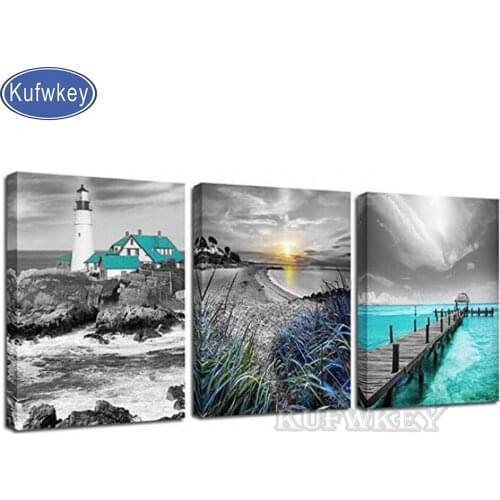 3 piece lighthouse diamond painting sale Modern green Seascape mosaic diamond Embroidery 3d Cross Stitch Full Square drills