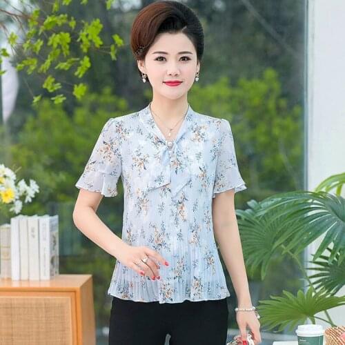 Summer Chiffon Women Fashion Print Folds Shirts Loose Blouses Bow-Knot Short Sleeve Casual Tops Large Size Blusas MM0332