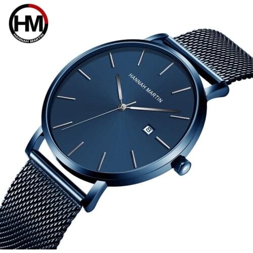Hannah Martin Mens Watch Japan Movement Multi-function Calendar Quartz Steel Mesh Belt Ultra-thin Waterproof Mens Watch Gift