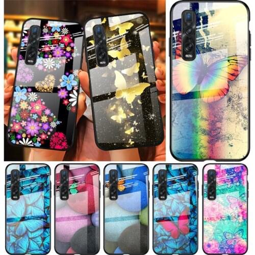 Tempered Glass Cover Colorful Butterfly For OPPO A9 2020 A52 Find X2 Lite Realme 7 7i 6 5 Pro C3 XT Phone Case Shell