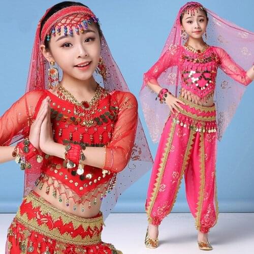 Children Oriental Indian Dance Costume Set Chiffon Long-Sleeved Top And Pants Belly Dance Clothes Suit For Girls