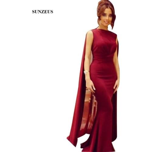 Arabic Burgundy Long Evening Dresses Robe De Soiree O Neck with Ruched Cape Chiffon Mermaid Formal Dresses Abendkleider S1093