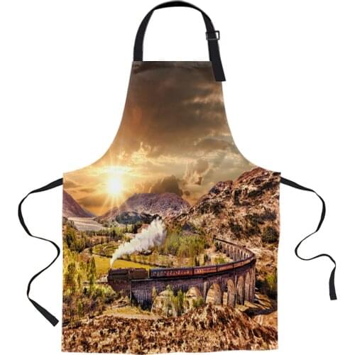Old Train Steam Morning Bridge Railway Aprons for Women Men Kid Cooking Baking Apron Kitchen Utility Equipment Accessories