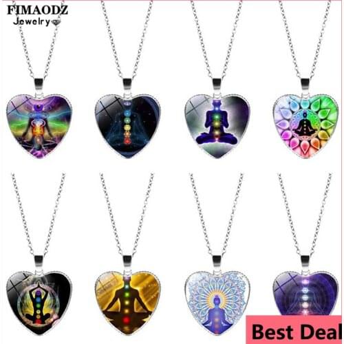 FIMAODZ 7 Chakra Reiki Healing Necklace Buddha Yoga Meditation Art Photo Om Symbol Heart Jewelry for Men Women Gift