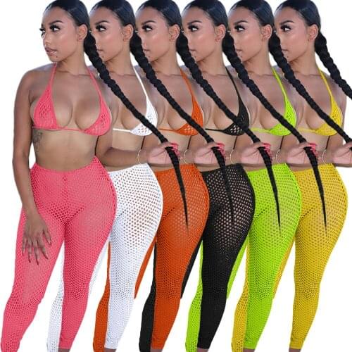 Fluorescence Fishnet Hollow Out 2 Piece Bikini Sets Summer Outfits Halter Backless Bra Top+see Through Pencil Legging Swimwear