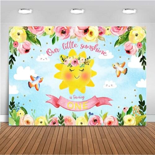 Our Little Sunshine is Turning One Photography Backdrop Flower Bule Sky Bird Backdops Newborn Baby Shower photo shoot background
