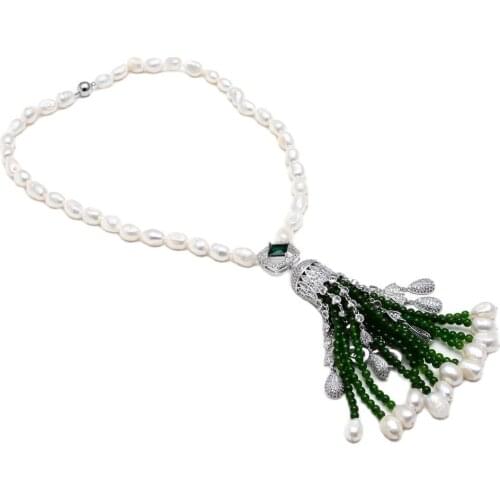 GG Jewelry 21" Natural White Baroque Pearl Green Jade Necklace Green CZ Pave Pendant Hyperbole Style For Women
