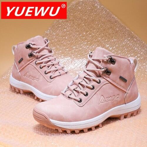 YUEWU Classic Winter Hiking Shoes PU Leather Upper Lace Up Sneakers Bicolor Thick Bottom Short Cylinder Boots Anticollision