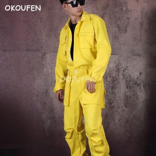 Mens Yellow jumpsuit overalls costumes nightclub male hairstylist DS team tide pants hophop tooling dance set