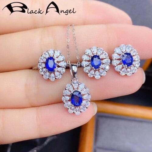 BLACK ANGEL 925 Sterling Silver Wedding Jewelry Set Blue Spinel Sapphire Zircon Stud Earrings Necklace Resizable Rings For Women