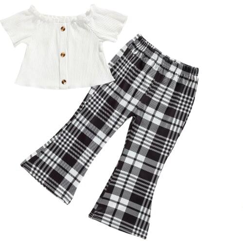2-6Years Infant Short Sleeves + Flared Pants Black and White Check Print Single-breasted Summer Clothing