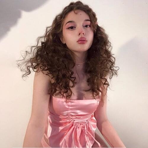 Satin Pink Drawstring Lady Tanks Top 2021 Ruched Backless Girl Sweet Party Streetwear Women Spaghetti Strap Cami Kawaii Vest