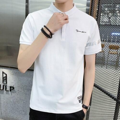 BROWON Summer T Shirt Men Short Sleeve Letter Embroidery Casual Tee Top Solid Color Turn-Down Collar Slim Fit Daily Men Clothing