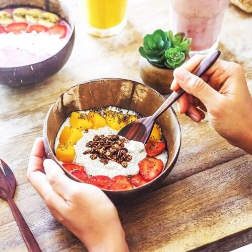 Natural coconut bowl wood spoon handmade coconut shell tableware dessert fruit salad mixing bowl rice Ramen bowl 12-15cm