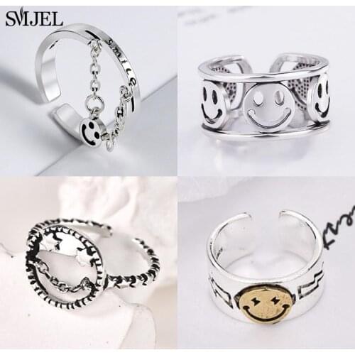 New Fashion Punk Vintage Happy Smile Face Silver Color Finger Rings Stackable Adjustable For Women Jewelry Gift anillo hombre