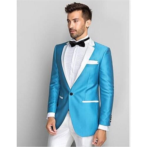 New Mens Suit Smolking Noivo Terno Slim Fit Easculino Evening Suits For Men Blue Blazer White Lapel Groom TuxedosProm Dinner