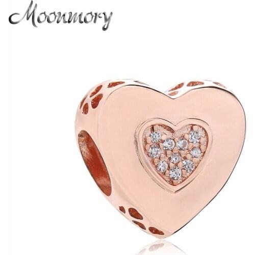 Moonmory 100% Authentic Signature Heart Charm Shine & Clear CZ 925 Sterling Silver Dangle Charms Making Jewelry Christmas Gifts