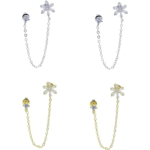 Romantic Tassel Chain Simple Prong Set CZ Dainty Cute Lovely Zirconia Flower Double Piercing Earring